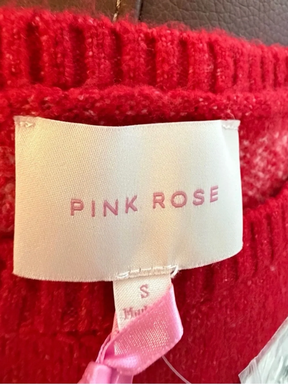 Pink Rose Red Sweater with Cream Heart and Pearl Trim